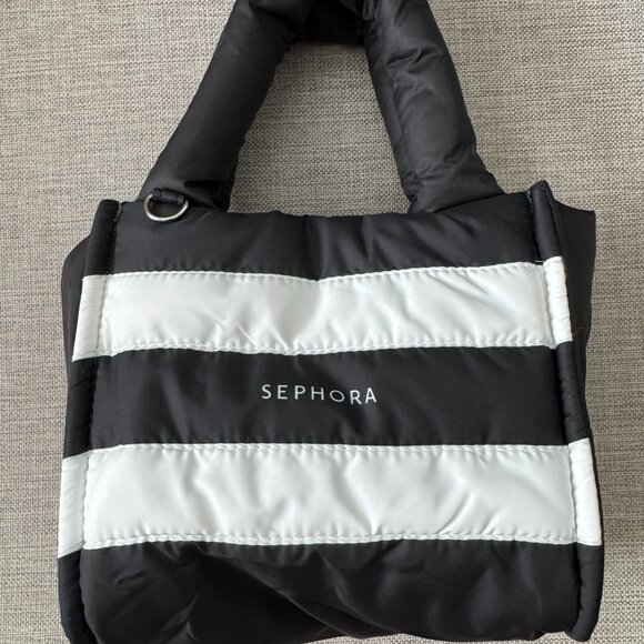 Sephora Puffy Black & White Stripe Mini Bag- new in package - Picture 4 of 5